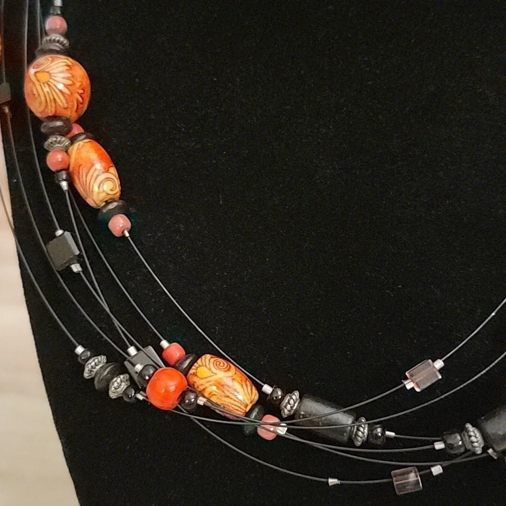 Multistrand Black wire and Beaded Necklace